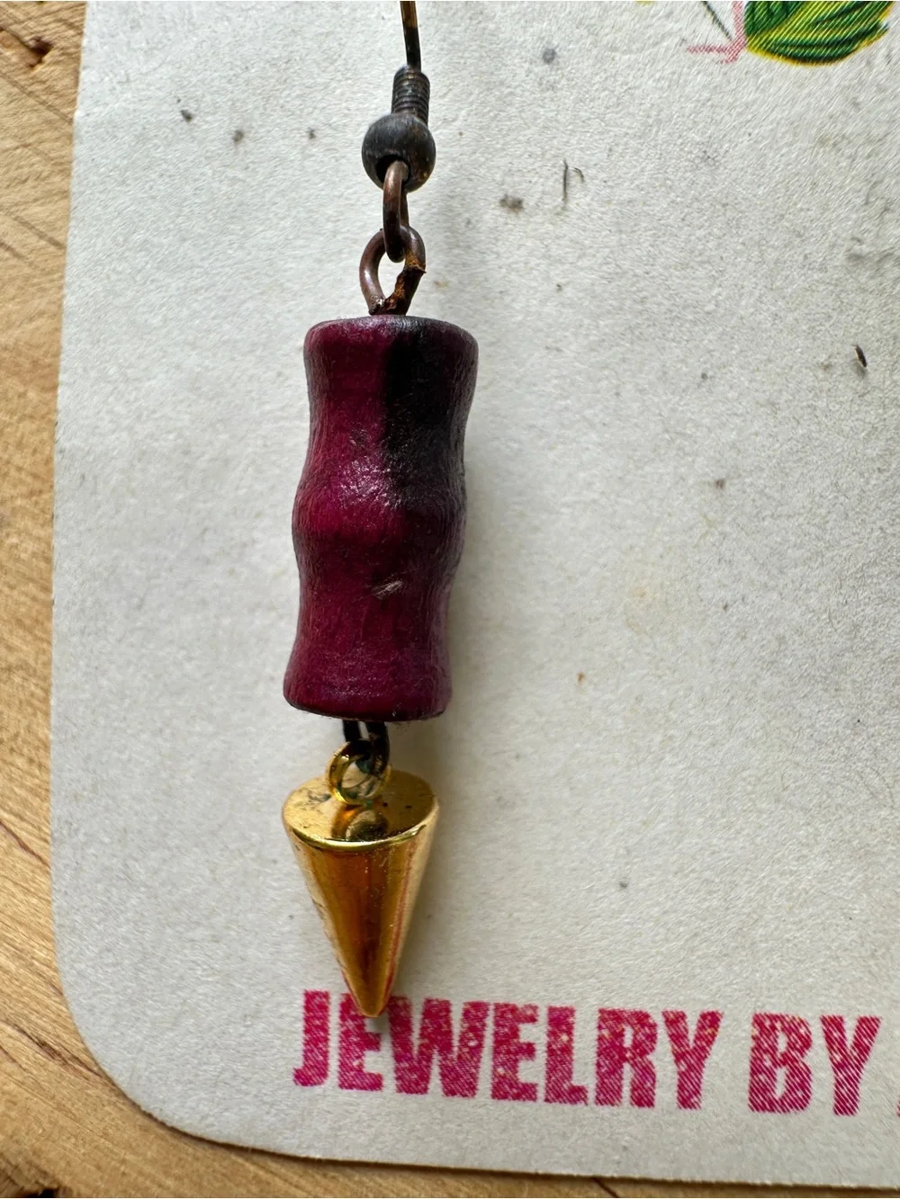 Burgundy Wooden Bead & Gold Spike Drop Earrings